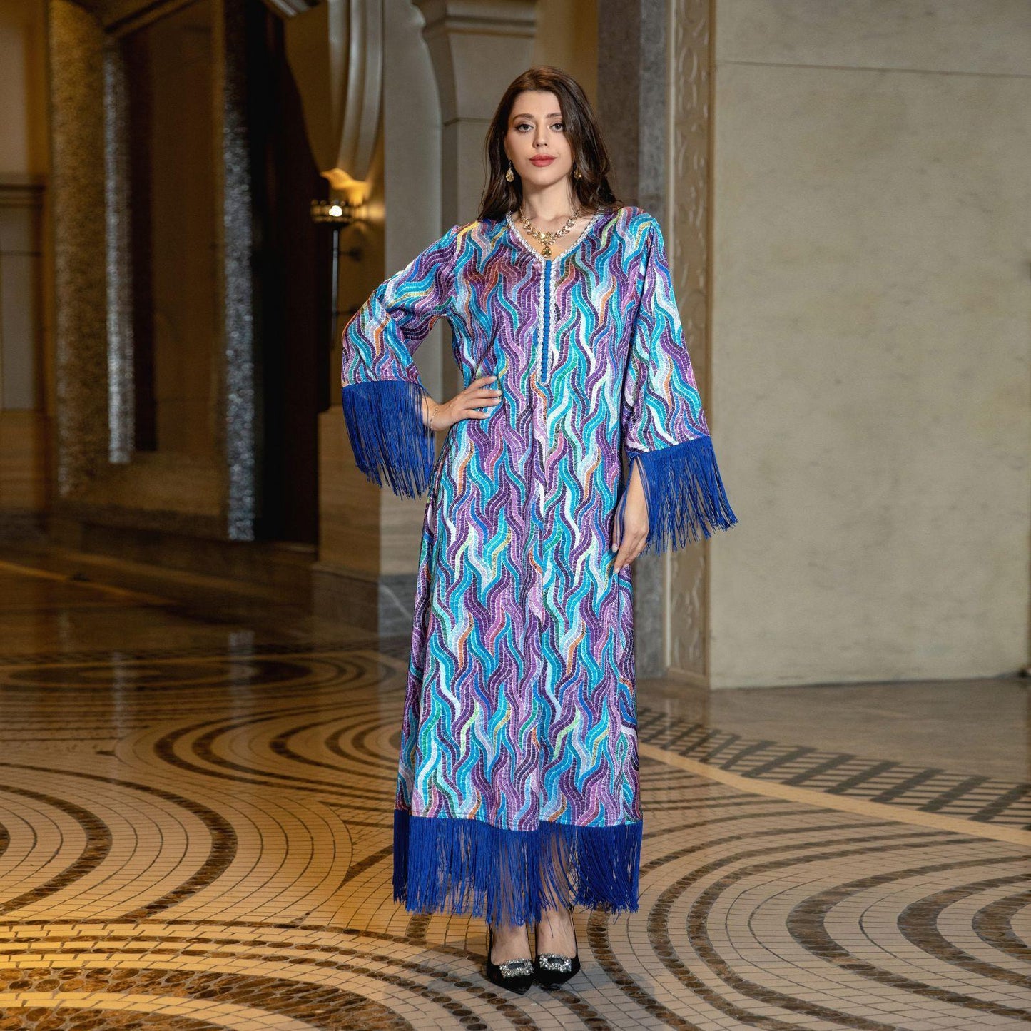 HASASERIES HS0521 Middle East Arab Dubai Muslim Robe Ladies Printed Casual Jalabiya Ethnic Clothing