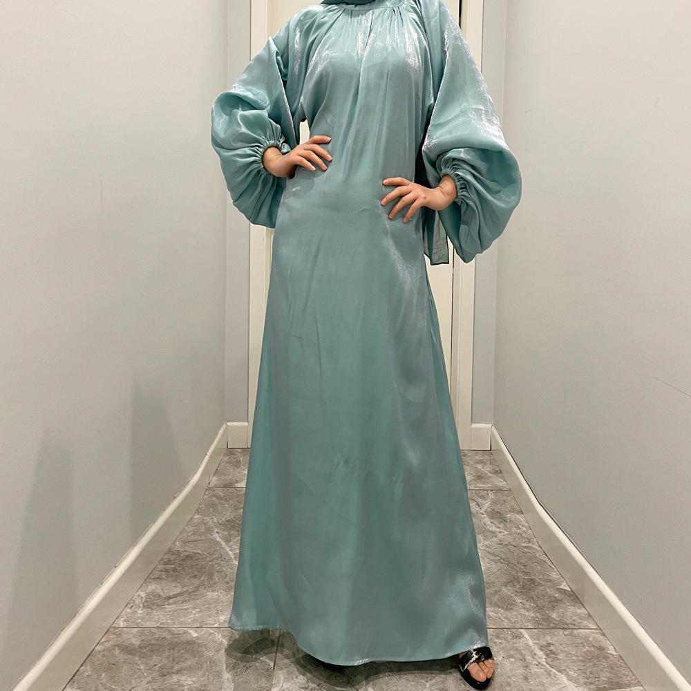 فستان حريري لامع طويل بأكمام واسعة من سلسلة HS10043 HASA، بياقة واقفة وربطة ظهر، فستان نسائي عباية