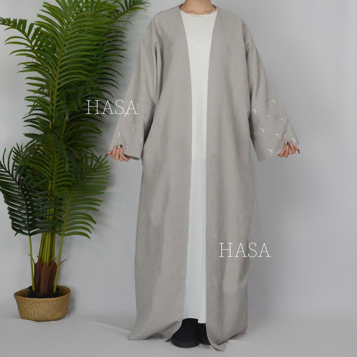 HASASERIES HS1100 Muslim Crescent Moon Design Coat Cardigan (UK4-UK28 Abaya Size:54-58)