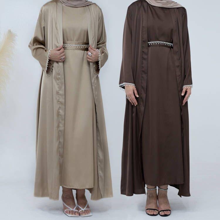 HASASERIES HS1005 4pcs Set Cardigan+without Sleeves Inner Dress+Crystal Chain+Hijab