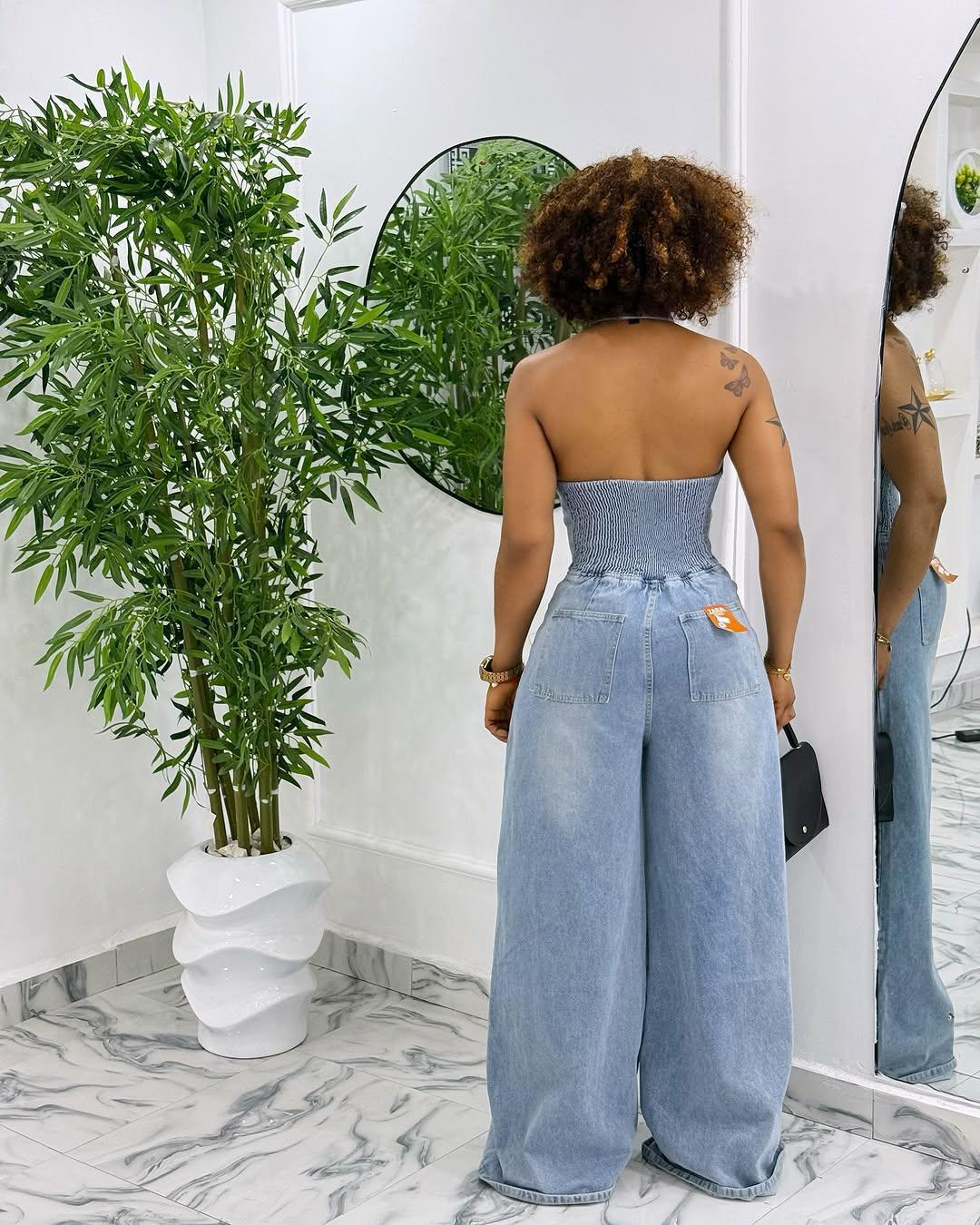 39-HS6354 Summer New Women's Clothing Wind Lapel Neck Single Breasted Backless Denim Jumpsuit Pants