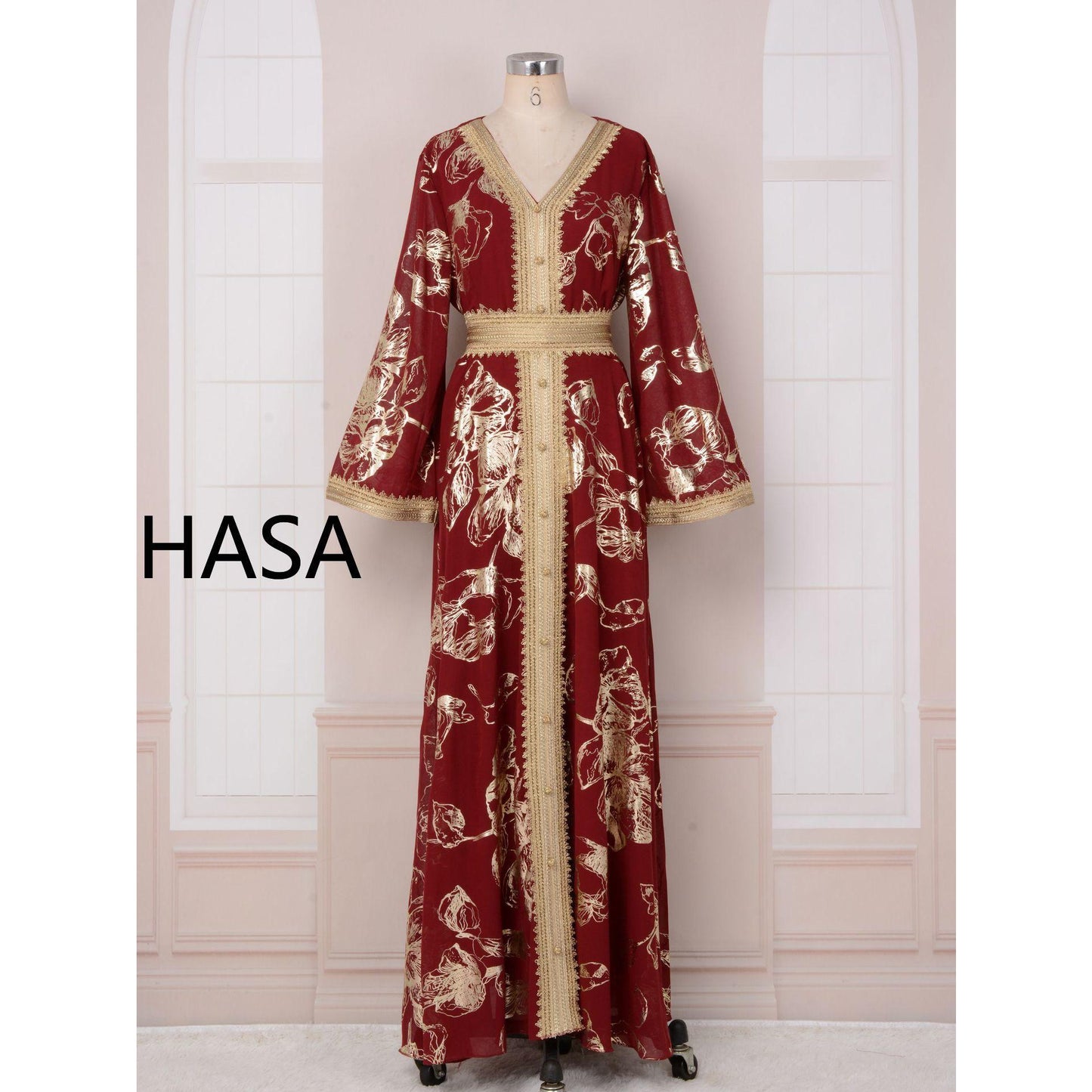 HS1249 Elegant Floral Abaya with Golden Detailing