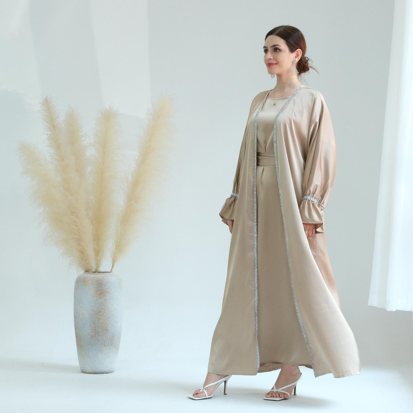 HASASERIES HS0567 Beaded Trumpet Sleeve Robe and Sleeveless Skirt with Inside Two-piece Suit