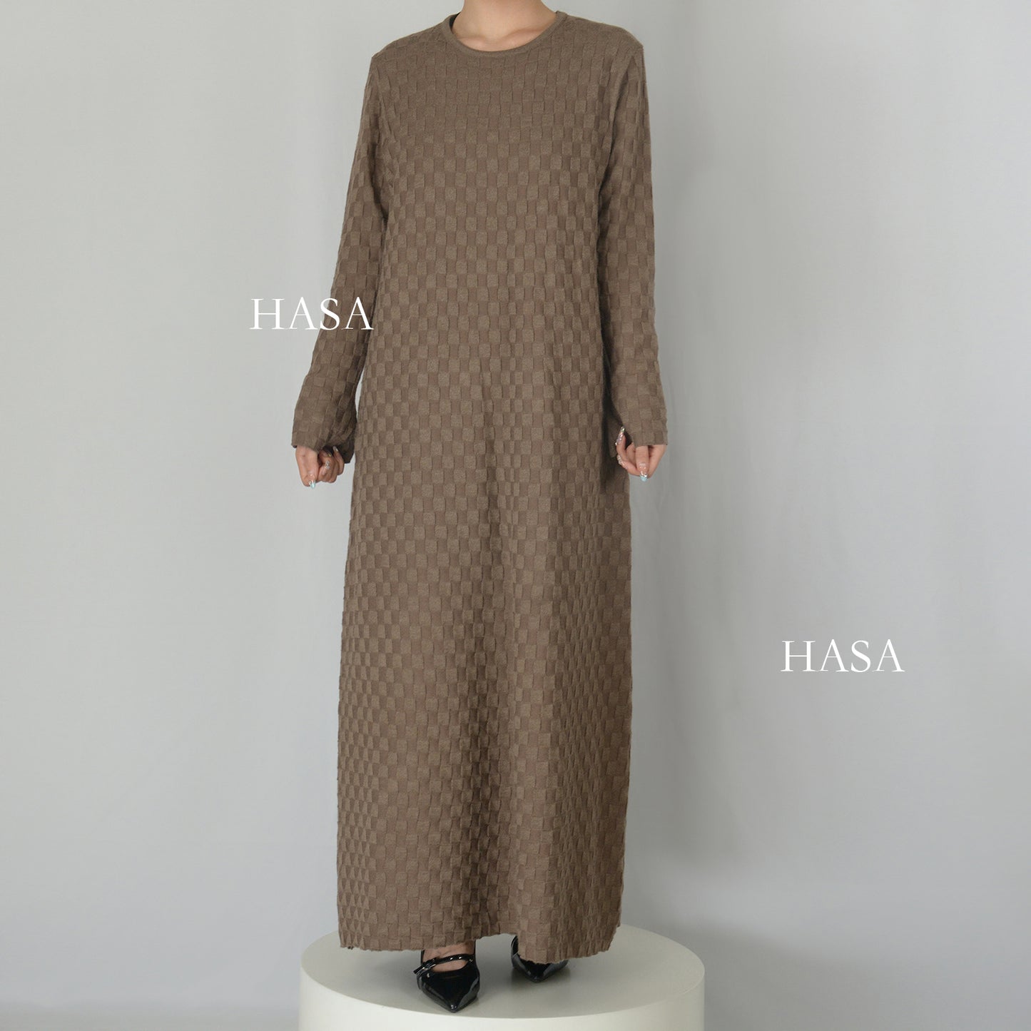 HS0128 Casual Chic Checkered Knit Long Sweater Dress
