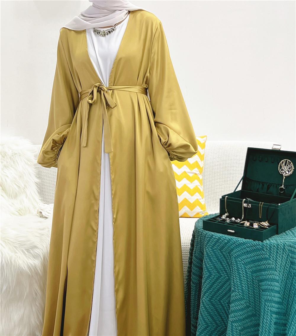 HS0481 Solid Color Satin Coat Robe Open Abaya
