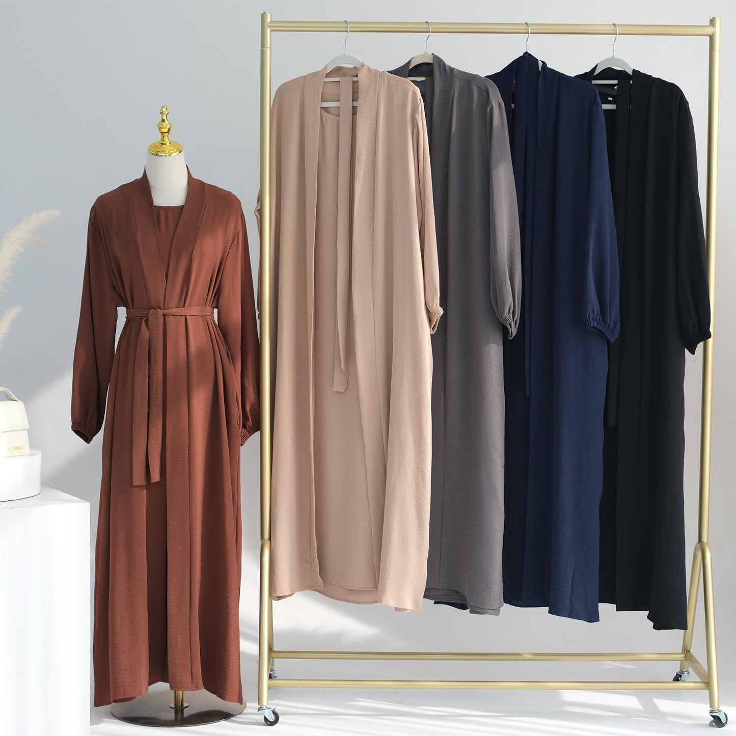HASASERIES HS0995 3pcs Cardigan+without Sleeves Inner Dress+Hijab