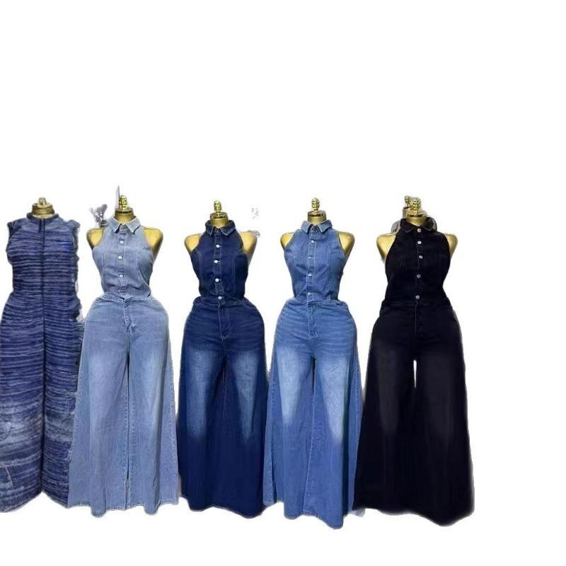 39-HS6354 Summer New Women's Clothing Wind Lapel Neck Single Breasted Backless Denim Jumpsuit Pants