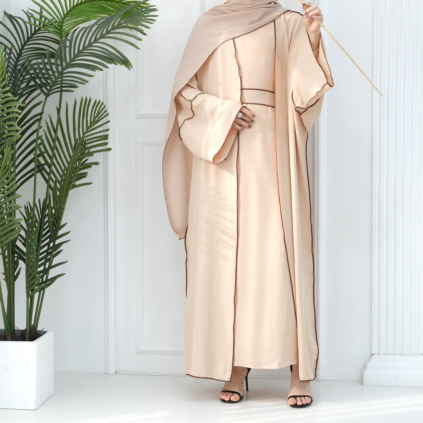 HASASERIES HS1095 3pcs Set Cardigan+without Sleeves Inner Dress+Hijab