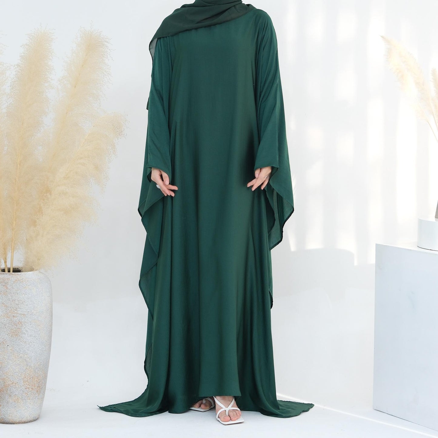 HASASERIES HS1174 Waist Raging Bat Sleeves Dress Crepe Kaftan