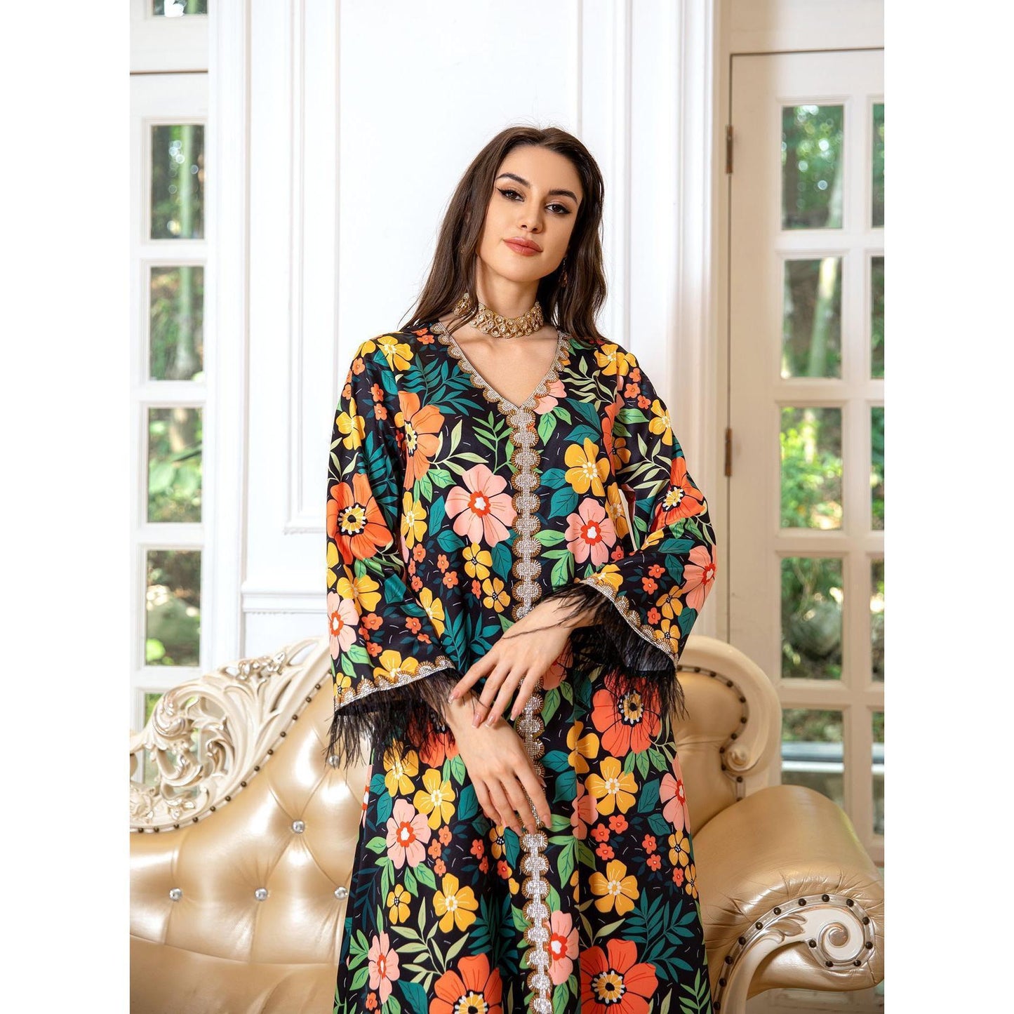 HASASERIES HS1078 Printed Diamond Camel Hair Dress