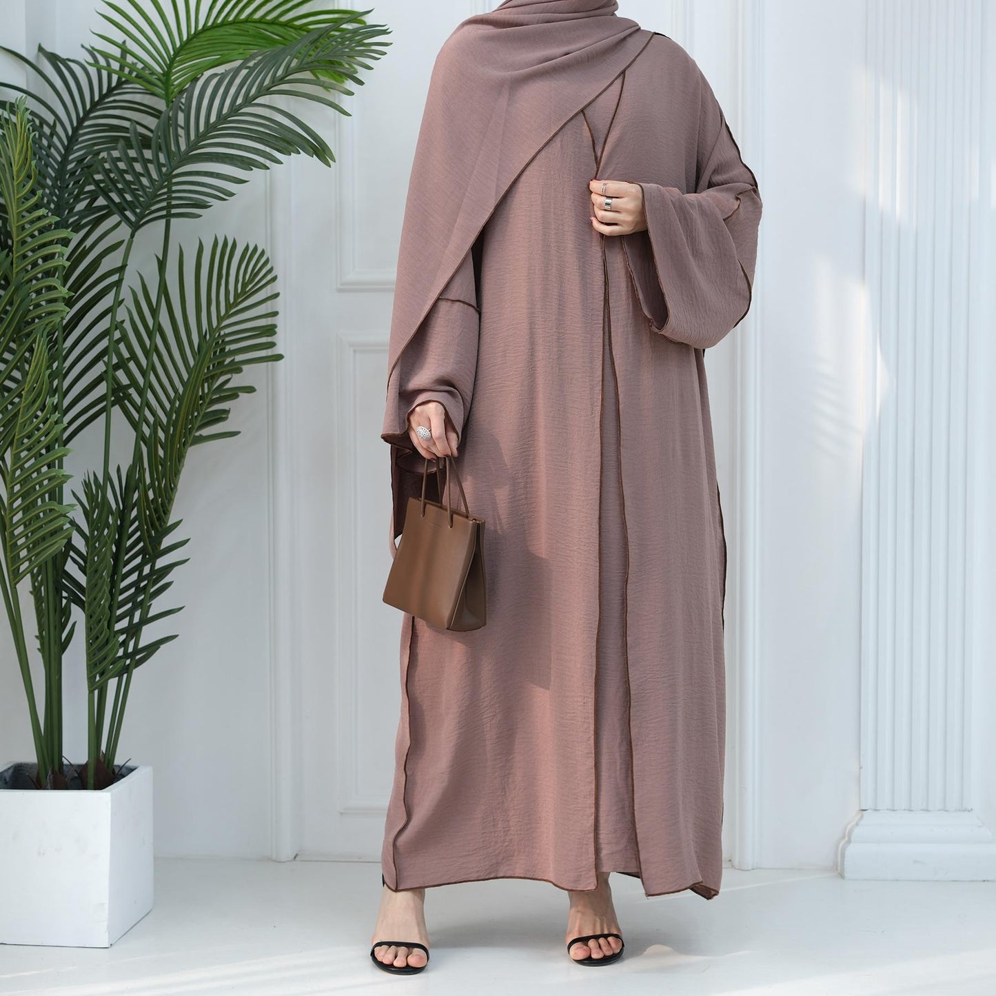 HASASERIES HS1095 3pcs Set Cardigan+without Sleeves Inner Dress+Hijab