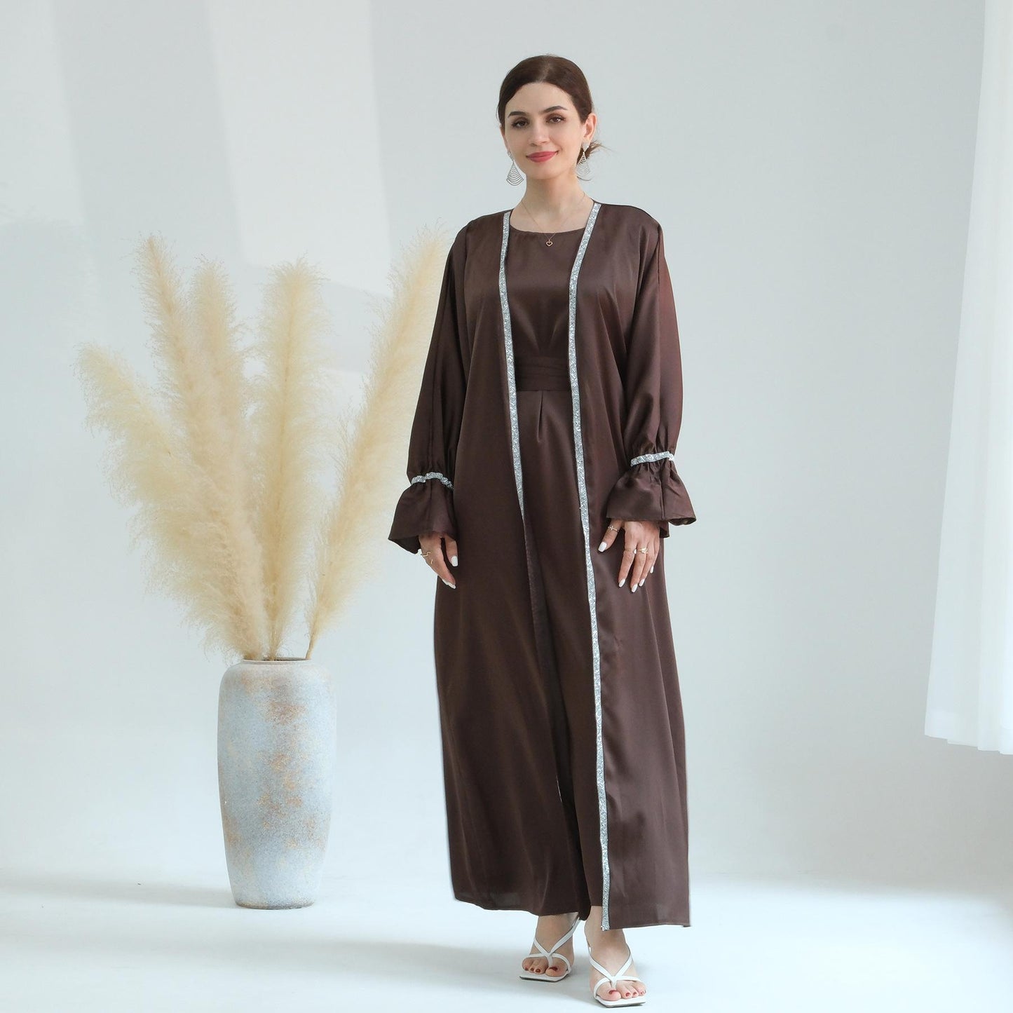 HASASERIES HS0567 Beaded Trumpet Sleeve Robe and Sleeveless Skirt with Inside Two-piece Suit