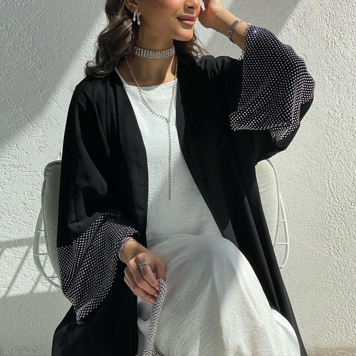 HASASERIES HS0930 Abaya Muslim Elastic Diamond Mesh Robe