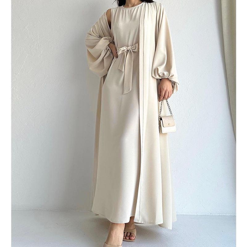 HS0479 Two Pieces Set Nidha Open Abaya with Bubble Sleeves and Inner Dress