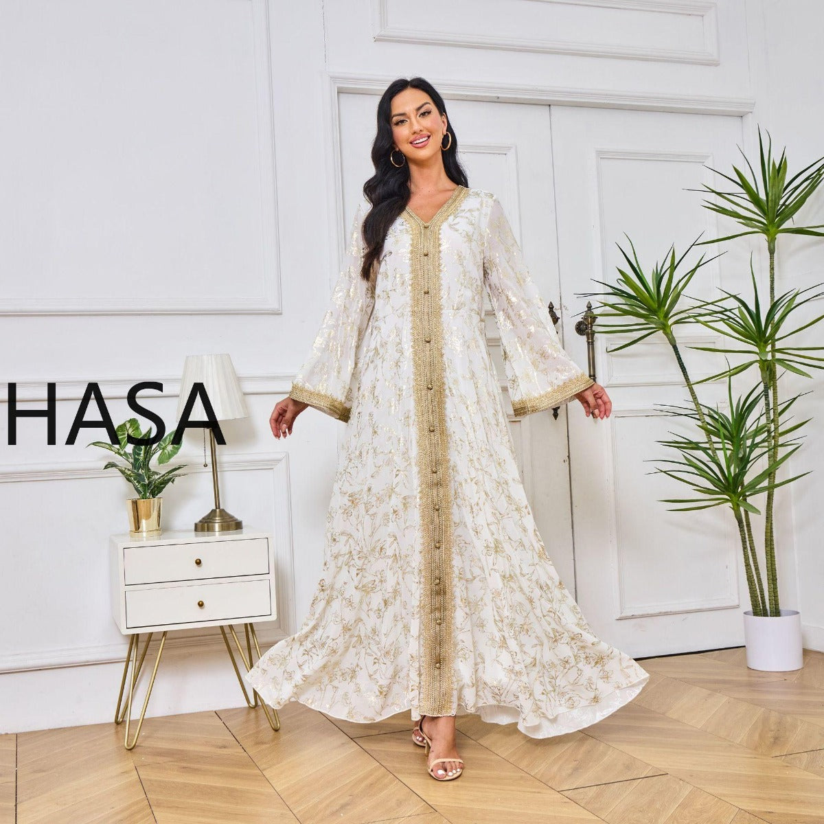HS1249 Elegant Floral Abaya with Golden Detailing