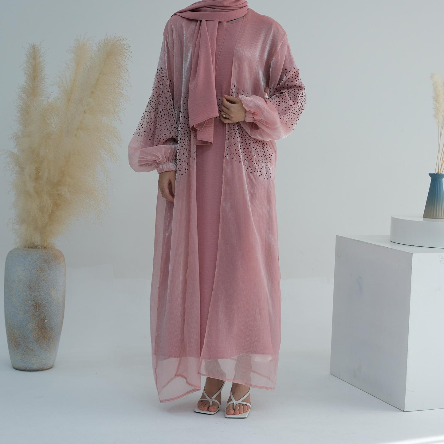 HASASERIES HS0932 3 Pcs Set Cardigan+Inner Dress+Hijab
