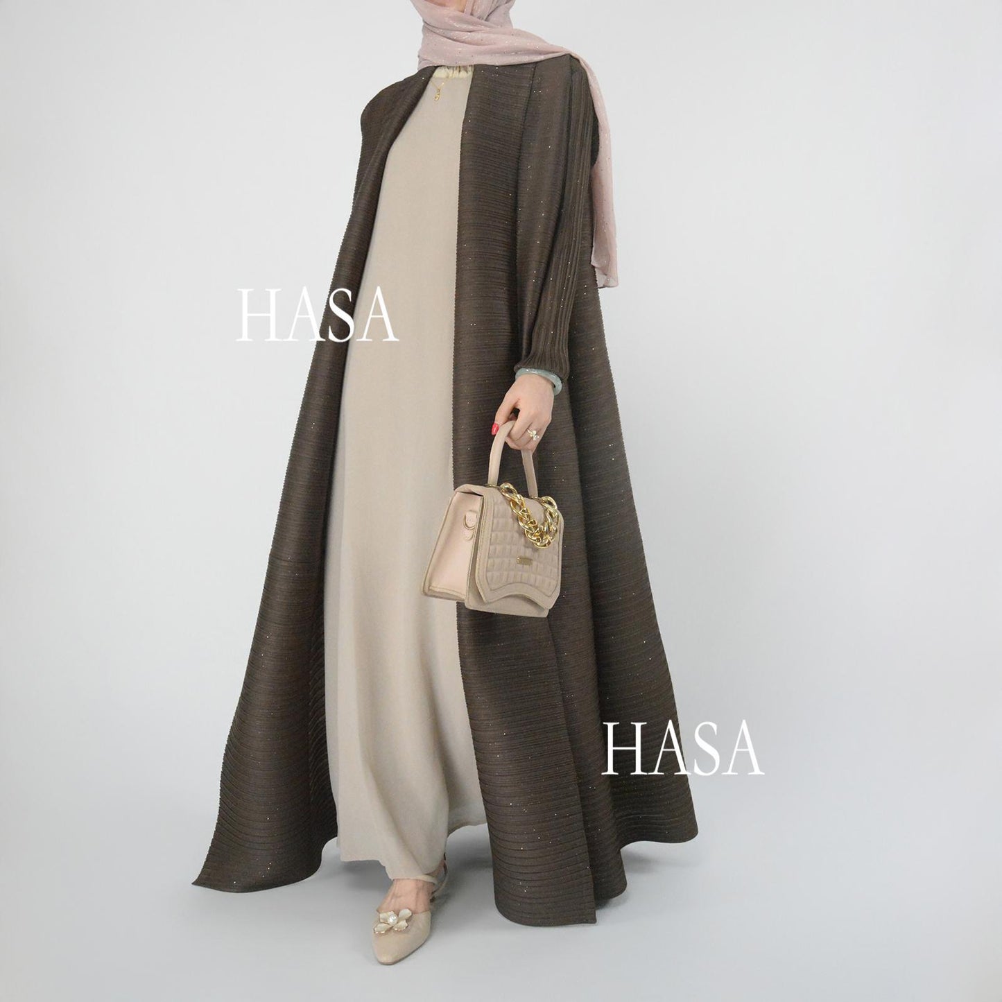 HS6158 Solid Long Sleeve Pleated Abaya with Artisan Sequin Work