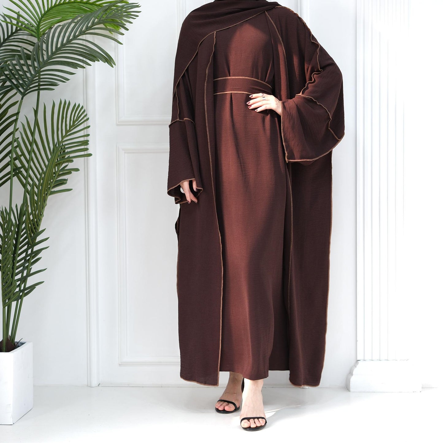 HASASERIES HS1095 3pcs Set Cardigan+without Sleeves Inner Dress+Hijab