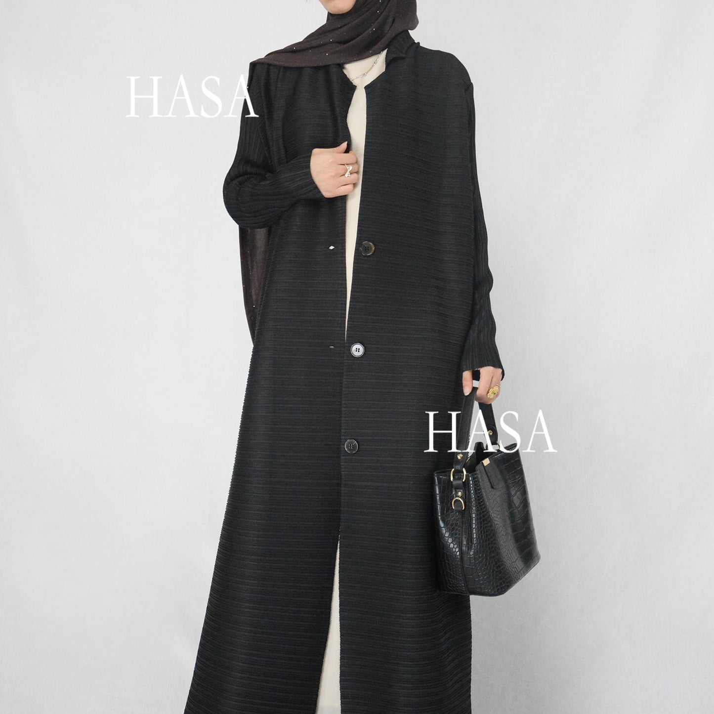 HS6160 Elegant Long Sleeve Abaya in Solid Tone with Pleats and Button Detail At Collar