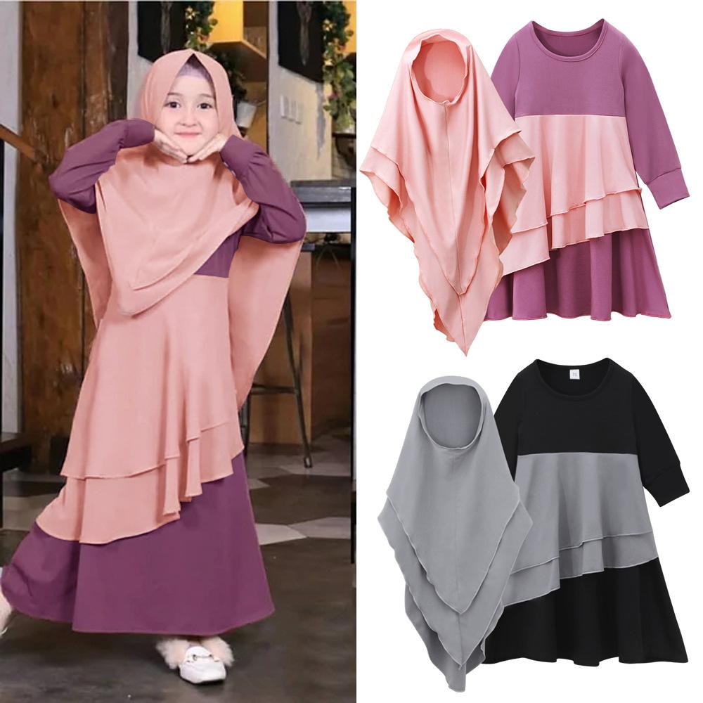 HASASERIES HS1194 Ensemble 2 pièces, Abaya pour enfant avec khimar à deux couches