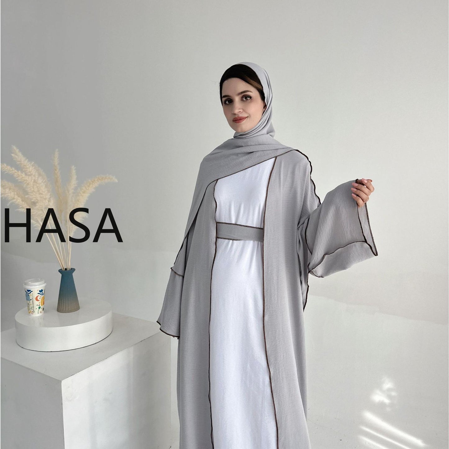HASA HS1246H 2 PCS SET Crepe Solid Color Loose Hem Cardigan Robe with Hijab