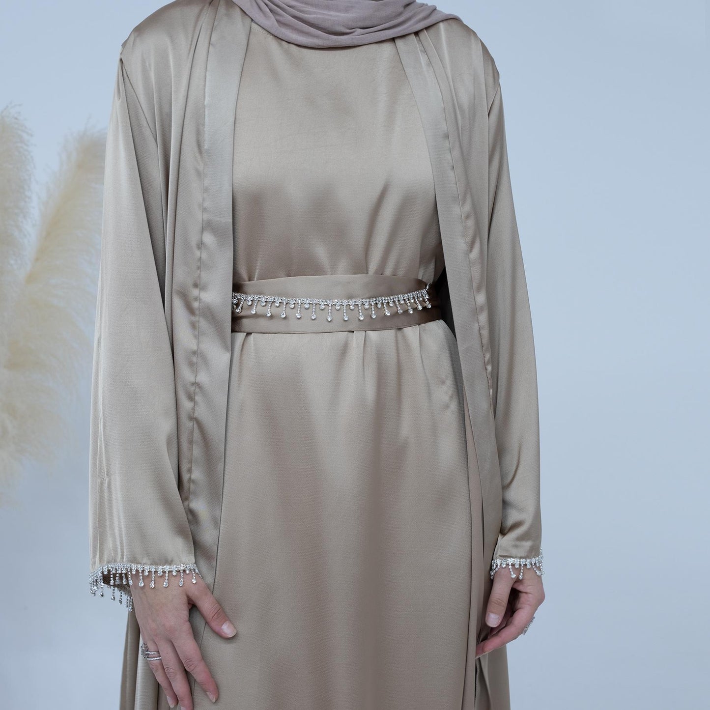 HASASERIES HS1005 4pcs Set Cardigan+without Sleeves Inner Dress+Crystal Chain+Hijab