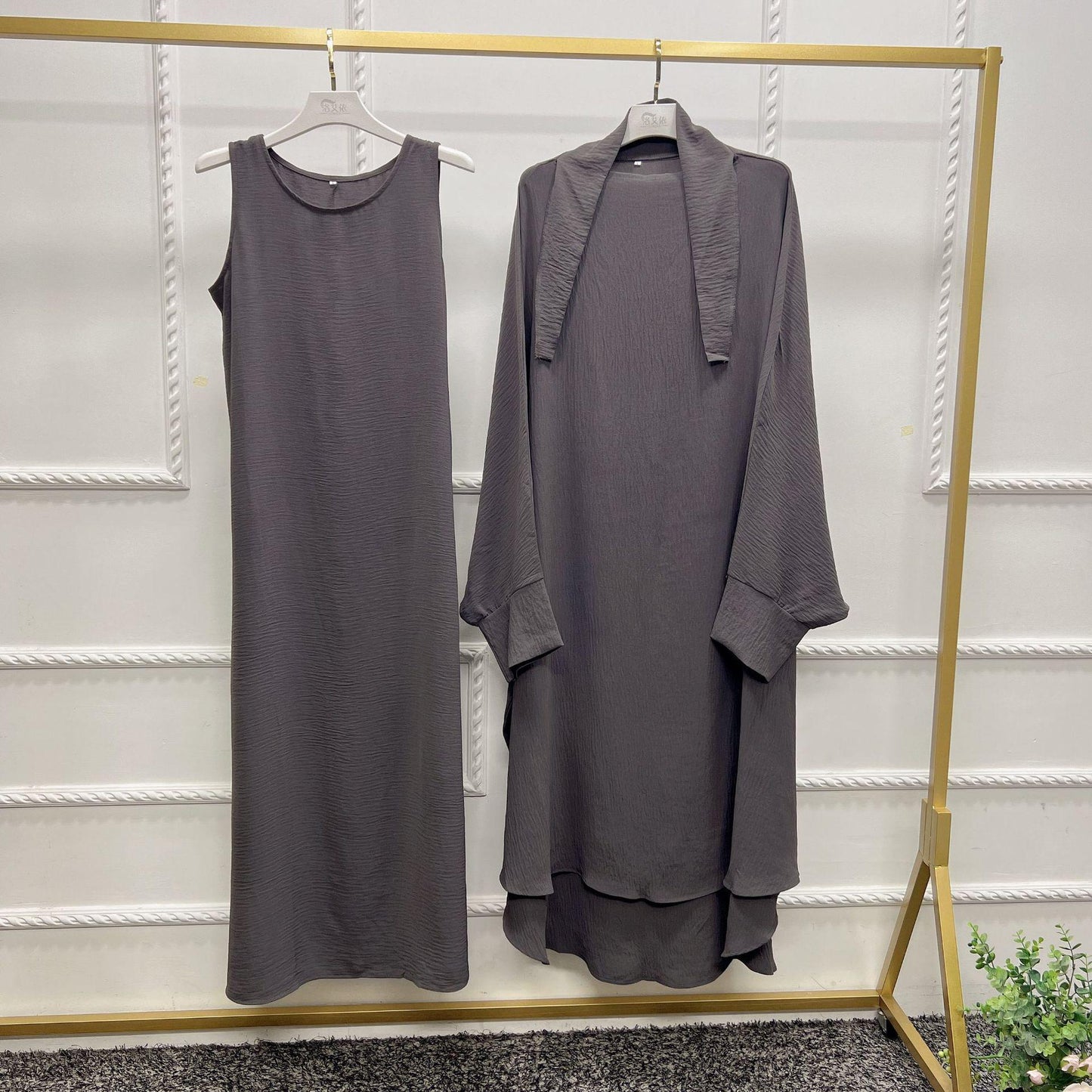 HS0464 2 PCS SET Middle Eastern Solid Color Robe Set Dress
