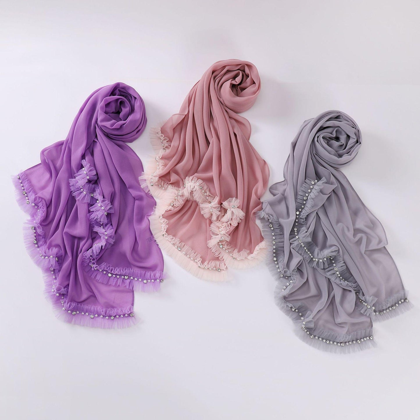 HASASERIES HS1118 Foulard en mousseline de soie et dentelle perlée