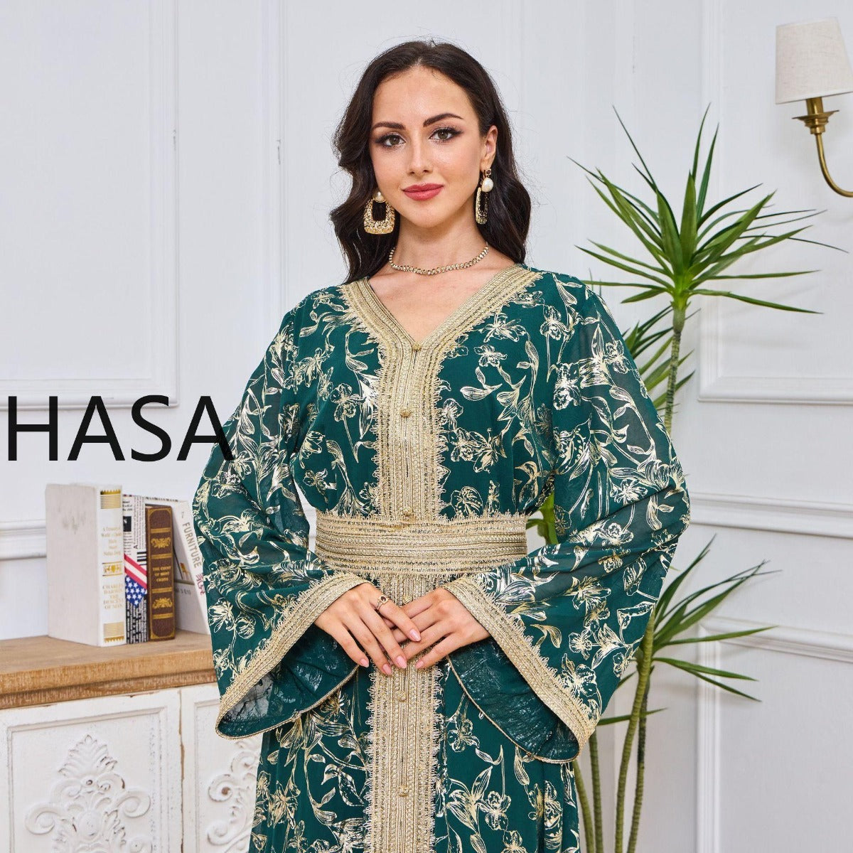 HS1249 Elegant Floral Abaya with Golden Detailing