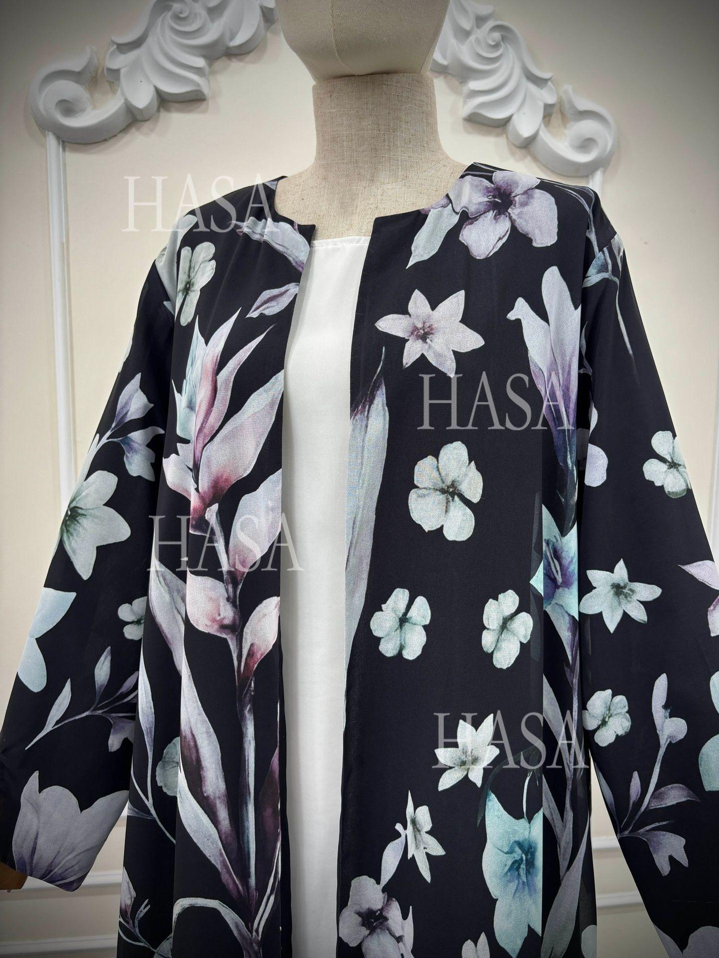HASA HS6810 Luxury Floral Open Front Abaya Set