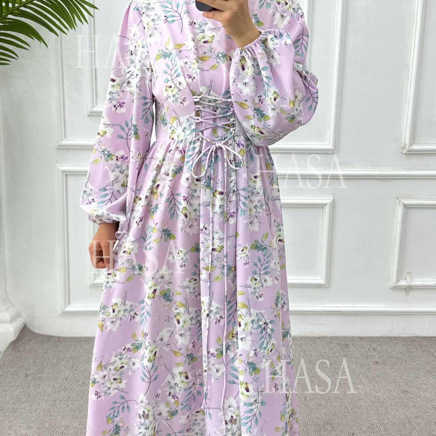 HS6489 Long-sleeved Floral Maxi Dress with Natural Waist