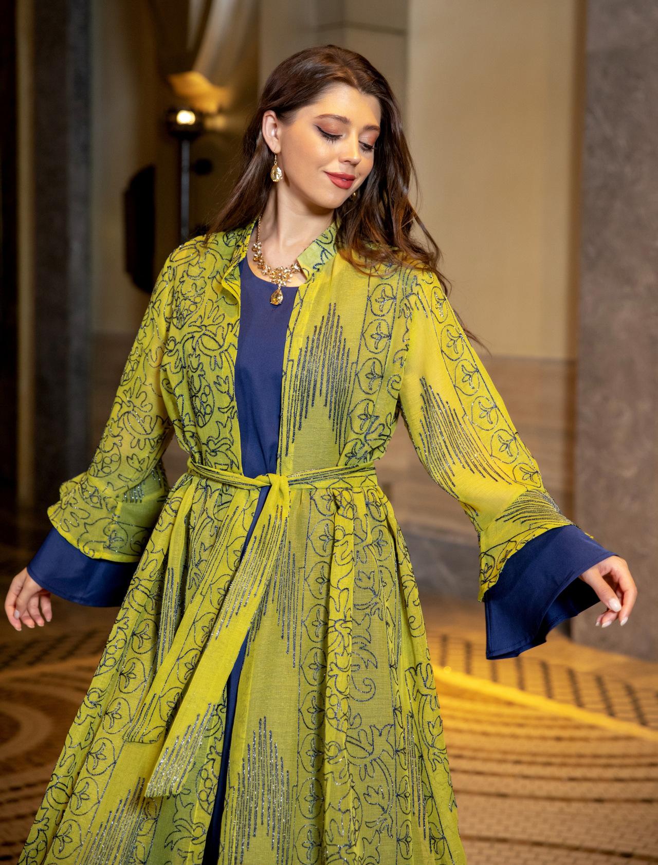 HS0445 2 pièces costume moyen-orient robe de soirée transfrontalière dame musulmane manches en feuille de lotus nouvelle robe abaya robe