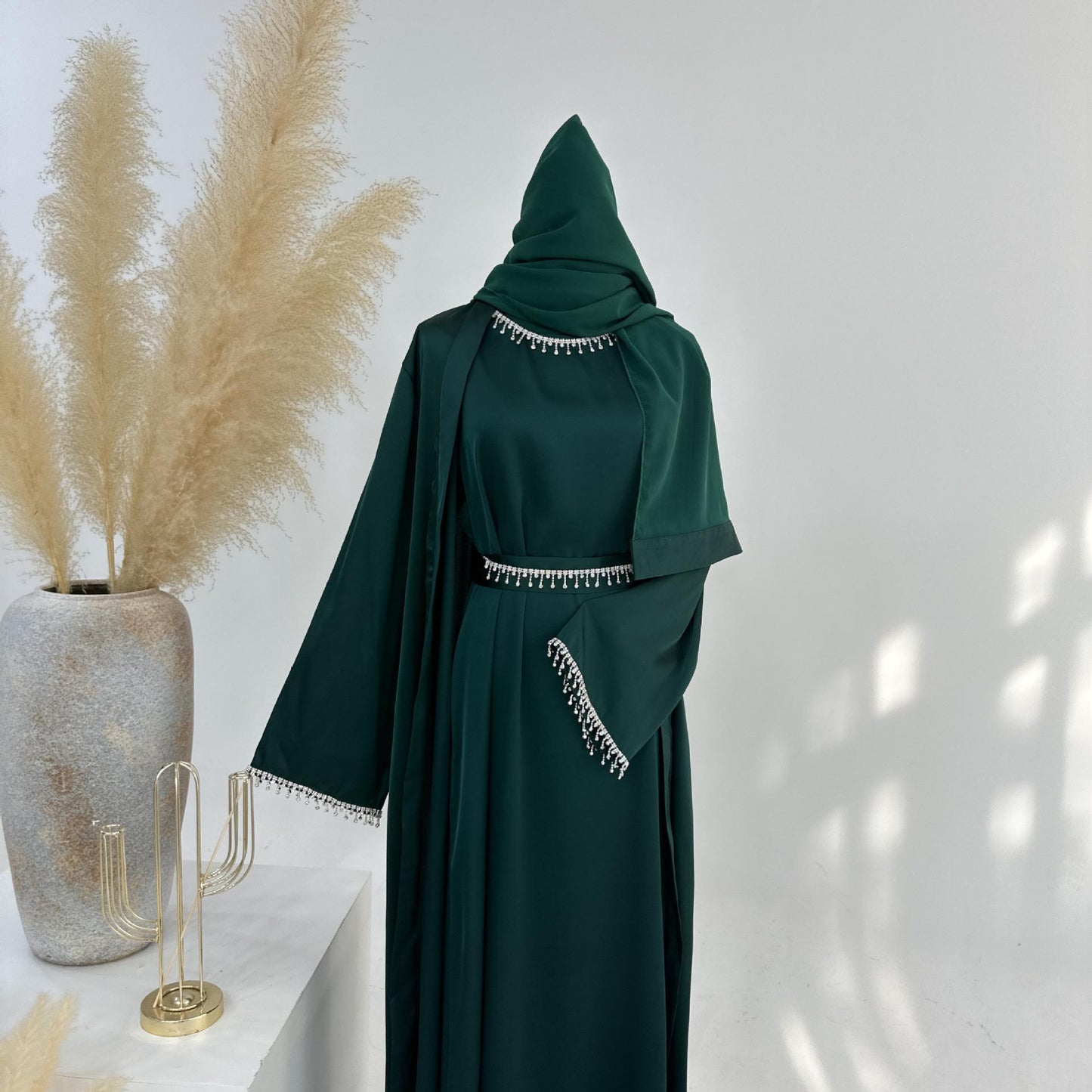 HASASERIES HS1005 4pcs Set Cardigan+without Sleeves Inner Dress+Crystal Chain+Hijab