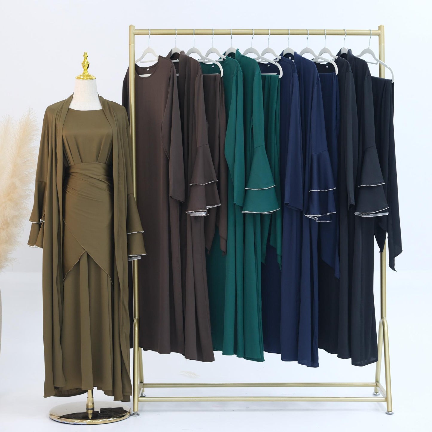 HASASERIES HS1188 Ensemble 3 pièces, cardigan en satin + robe intérieure + ceinture spéciale