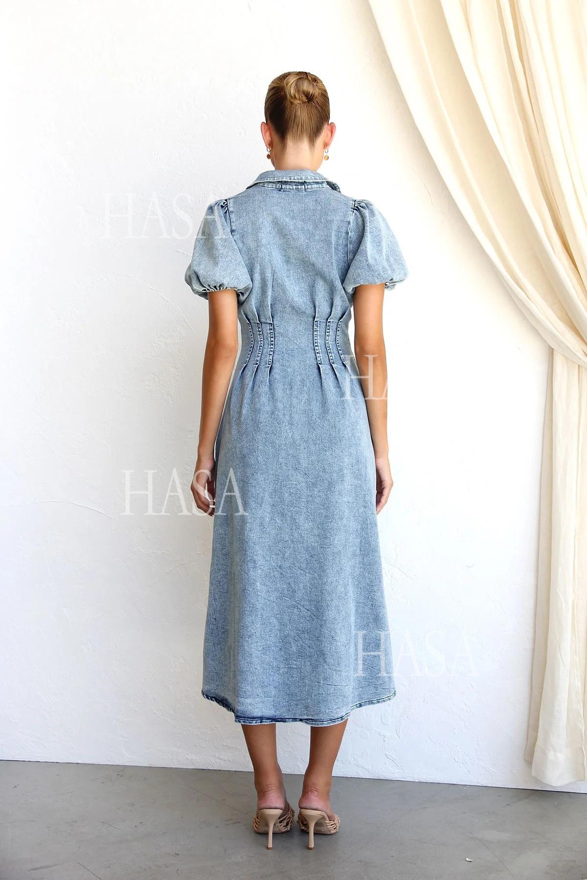 HASA HS6797 Elegant Puff Sleeve Denim Maxi Dress