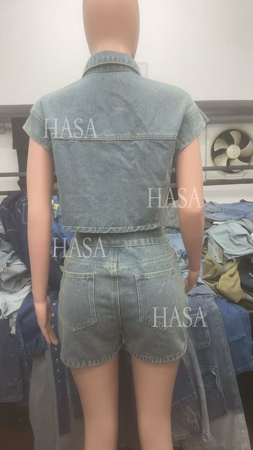 HASA HS6275 Cool Streetwear Denim Two Piece Shorts Set with Cropped Top