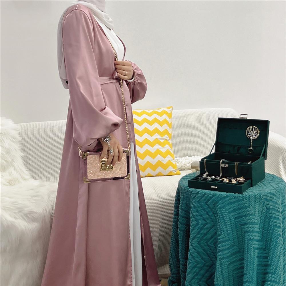 HS0481 Solid Color Satin Coat Robe Open Abaya