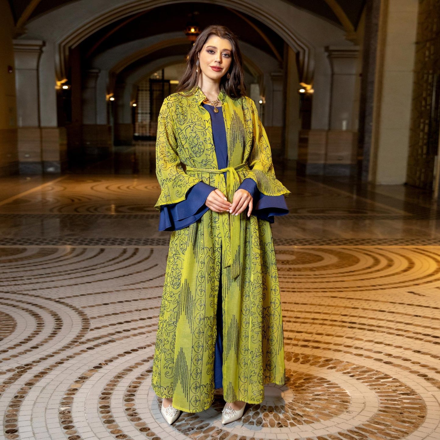 HS0445 2 pièces costume moyen-orient robe de soirée transfrontalière dame musulmane manches en feuille de lotus nouvelle robe abaya robe