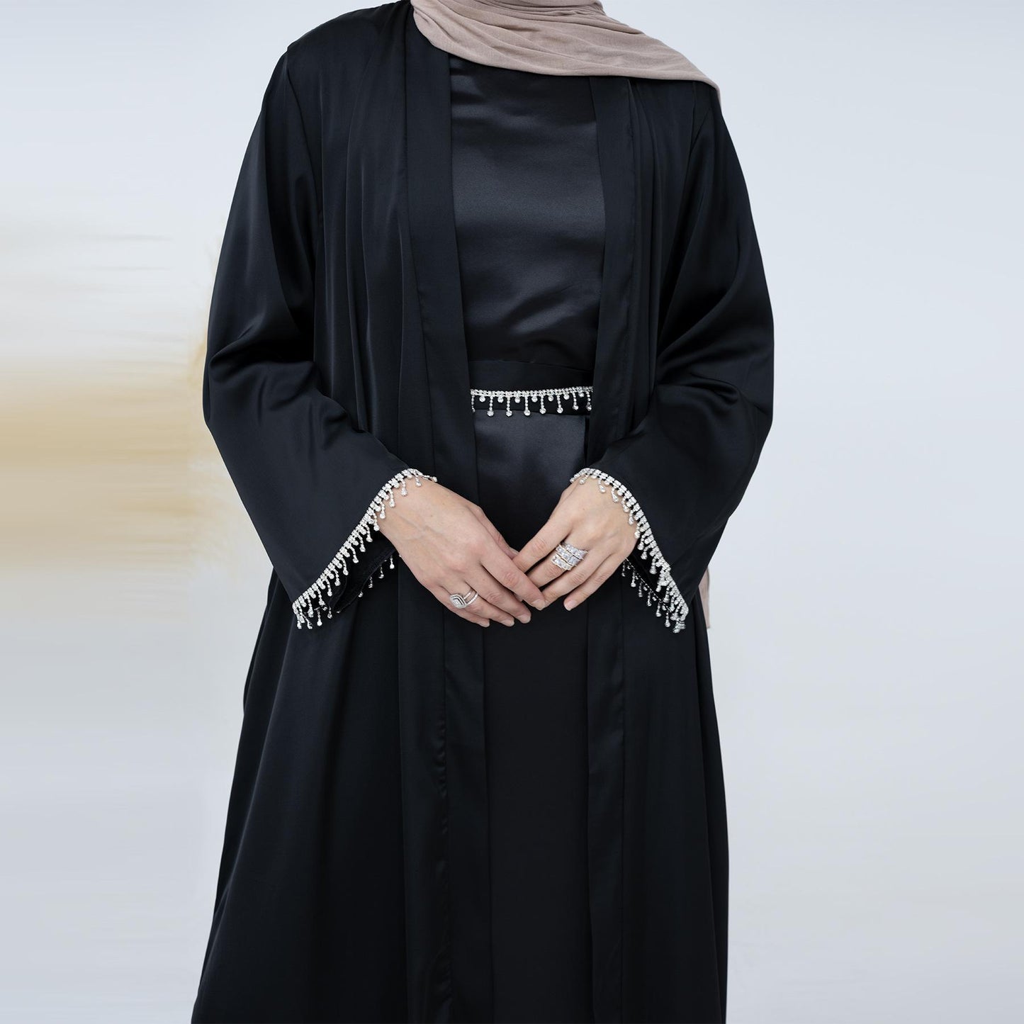 HASASERIES HS1005 4pcs Set Cardigan+without Sleeves Inner Dress+Crystal Chain+Hijab