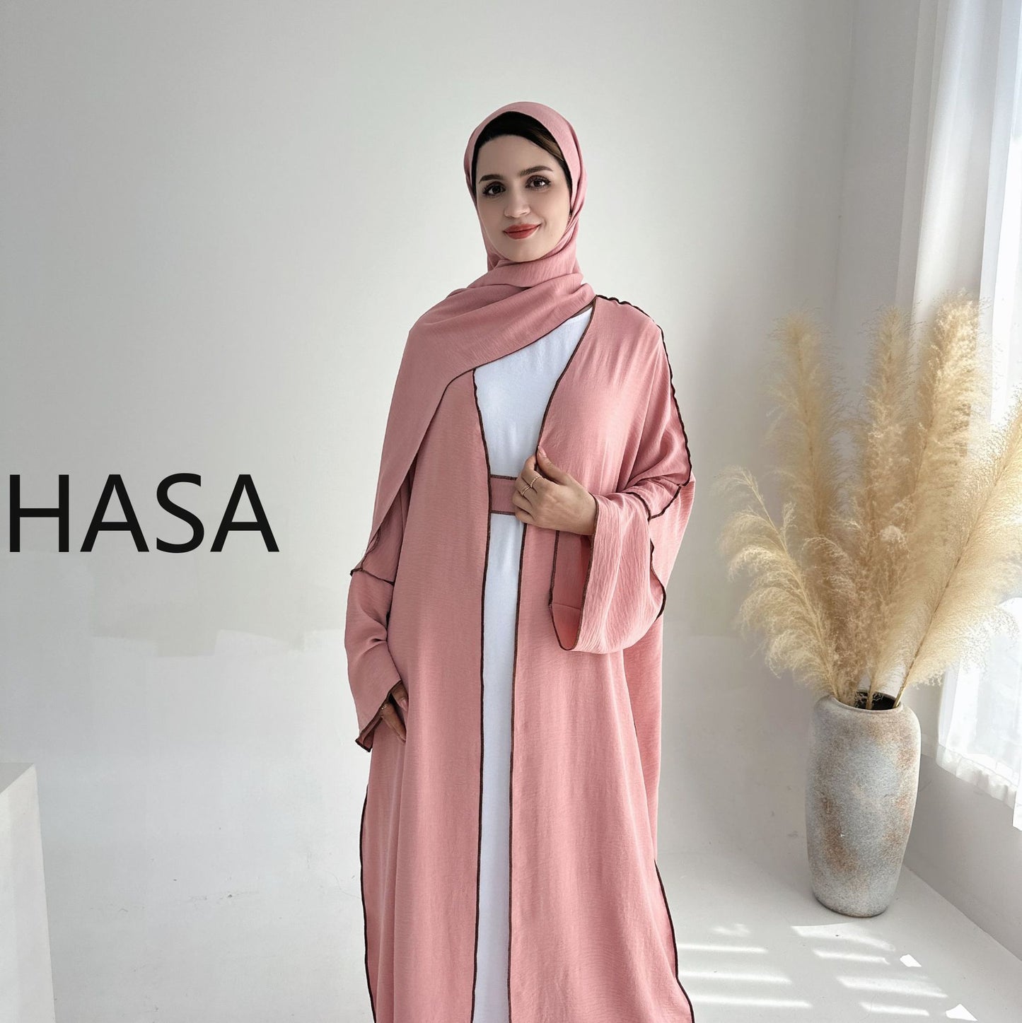 HASA HS1246H 2 PCS SET Crepe Solid Color Loose Hem Cardigan Robe with Hijab