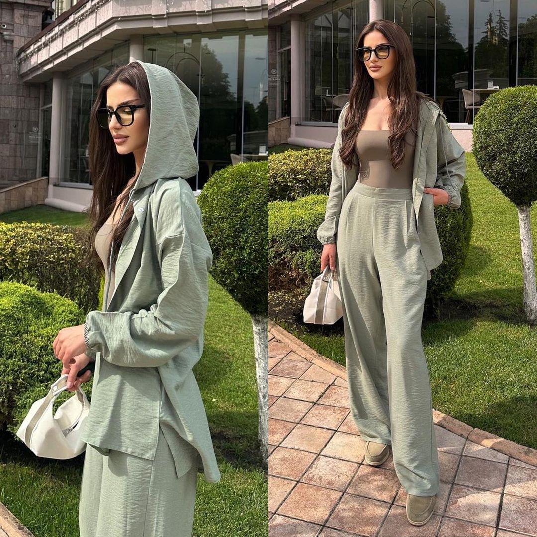 HASASERIES HS0542 Casual Long Sleeved Hooded Shirt Jacket+straight Leg Pants 2pcs Set