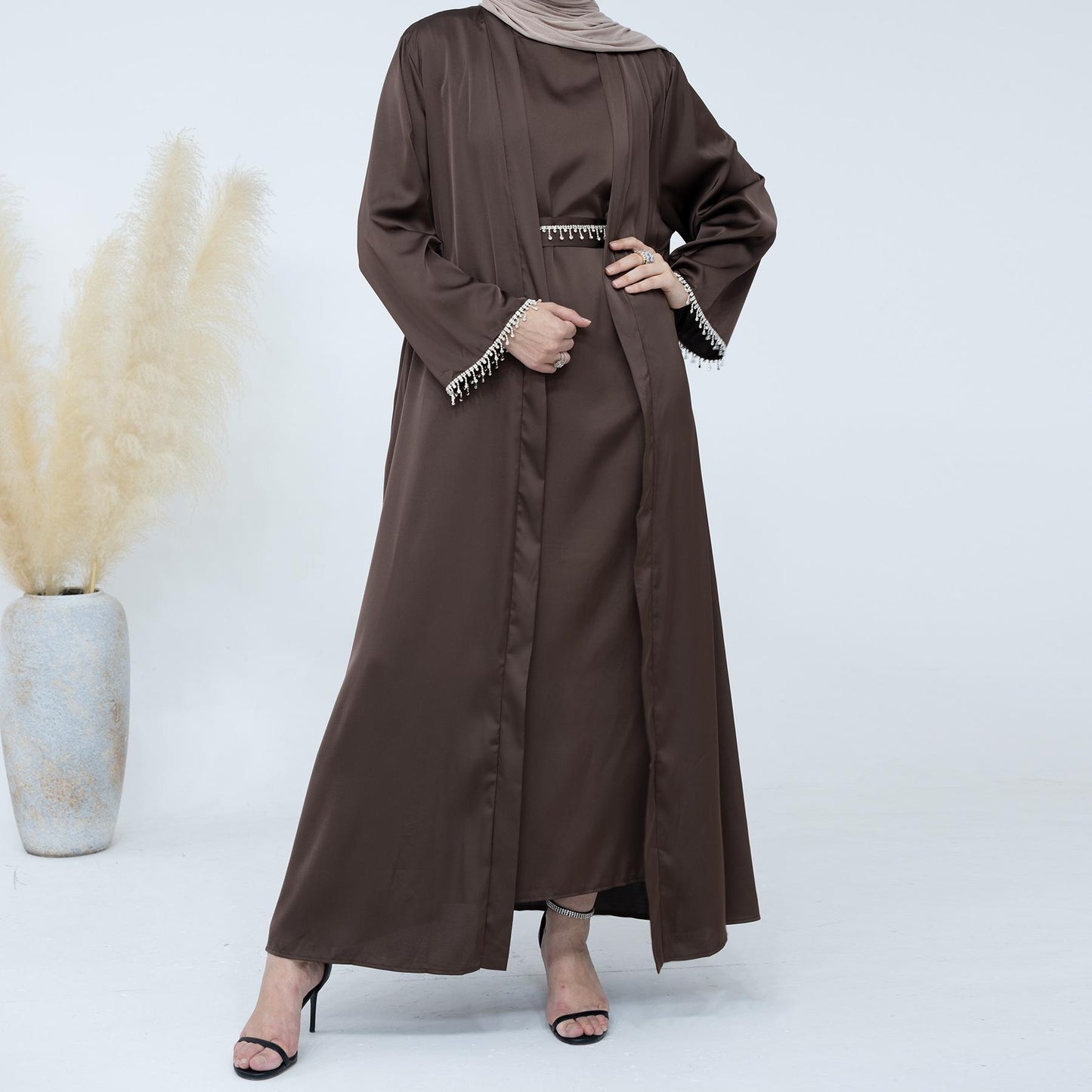 HASASERIES HS1005 4pcs Set Cardigan+without Sleeves Inner Dress+Crystal Chain+Hijab