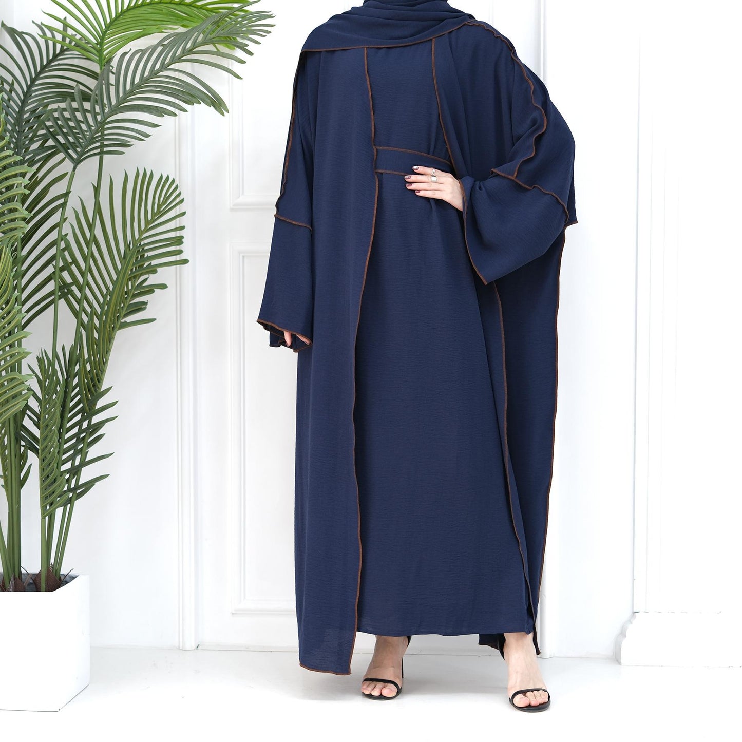 HASASERIES HS1095 3pcs Set Cardigan+without Sleeves Inner Dress+Hijab