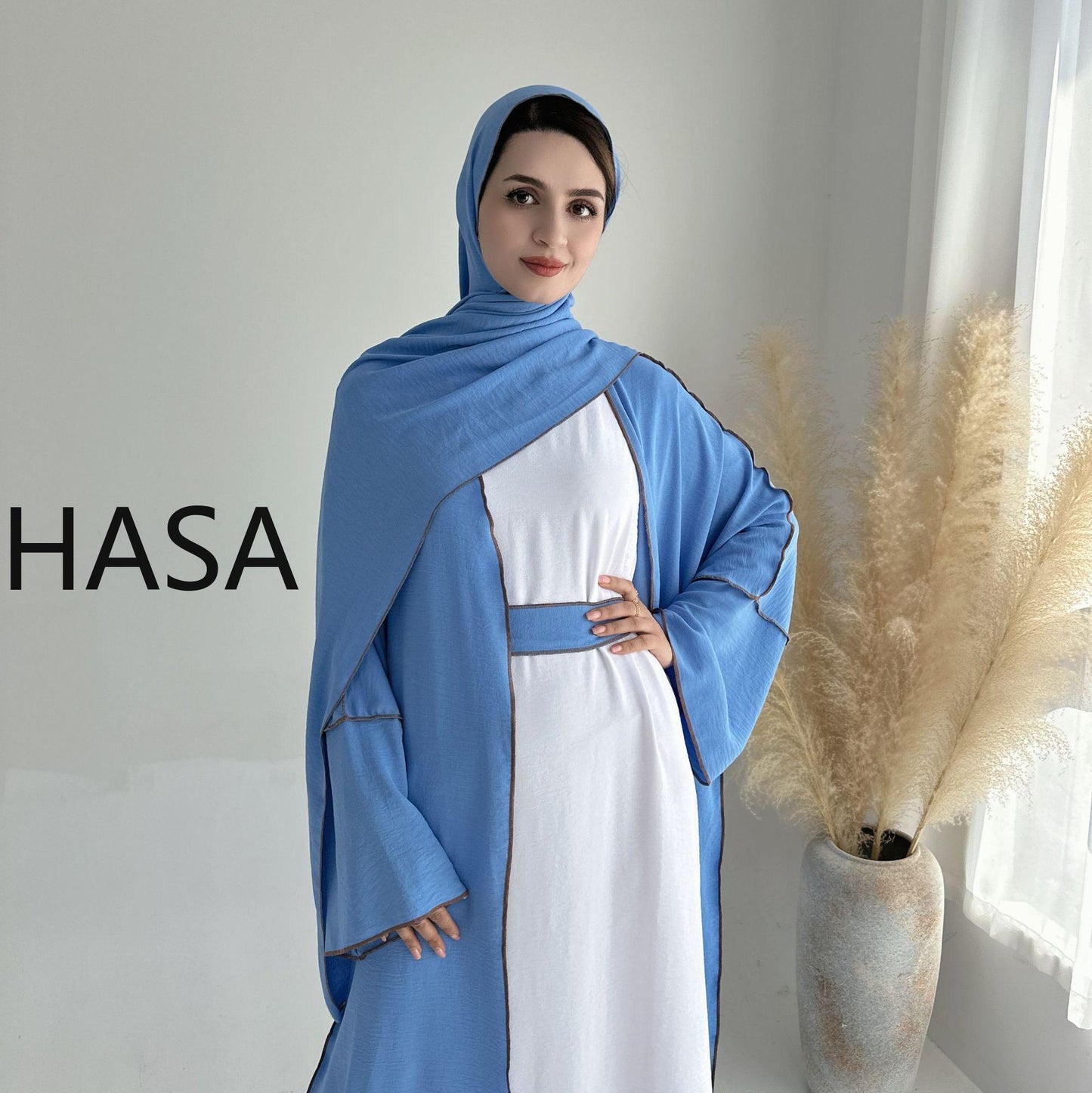 HASA HS1246H 2 PCS SET Crepe Solid Color Loose Hem Cardigan Robe with Hijab