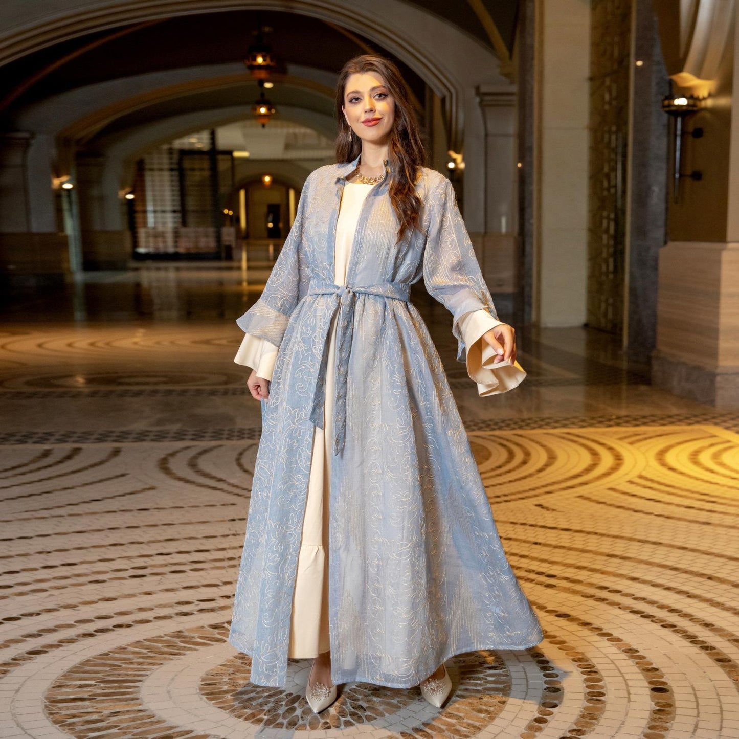 HS0445 2 pièces costume moyen-orient robe de soirée transfrontalière dame musulmane manches en feuille de lotus nouvelle robe abaya robe