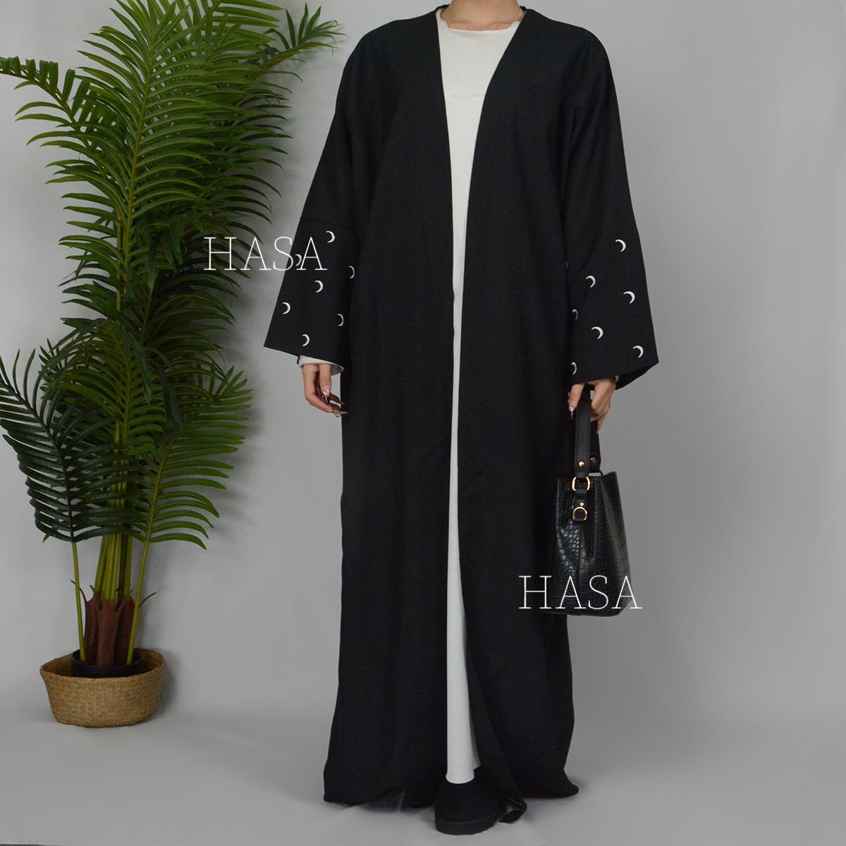 HASASERIES HS1100 Muslim Crescent Moon Design Coat Cardigan (UK4-UK28 Abaya Size:54-58)