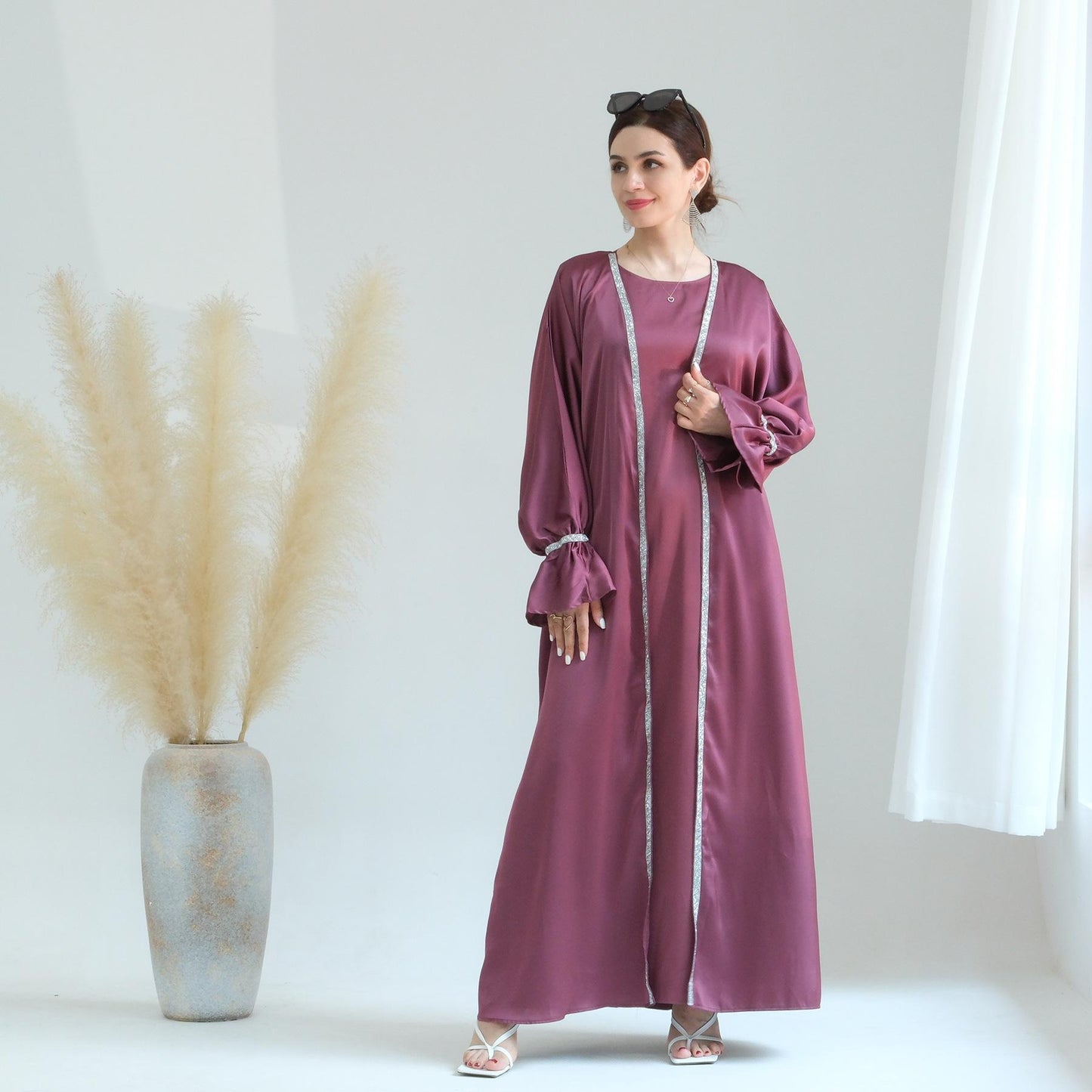 HASASERIES HS0567 Beaded Trumpet Sleeve Robe and Sleeveless Skirt with Inside Two-piece Suit