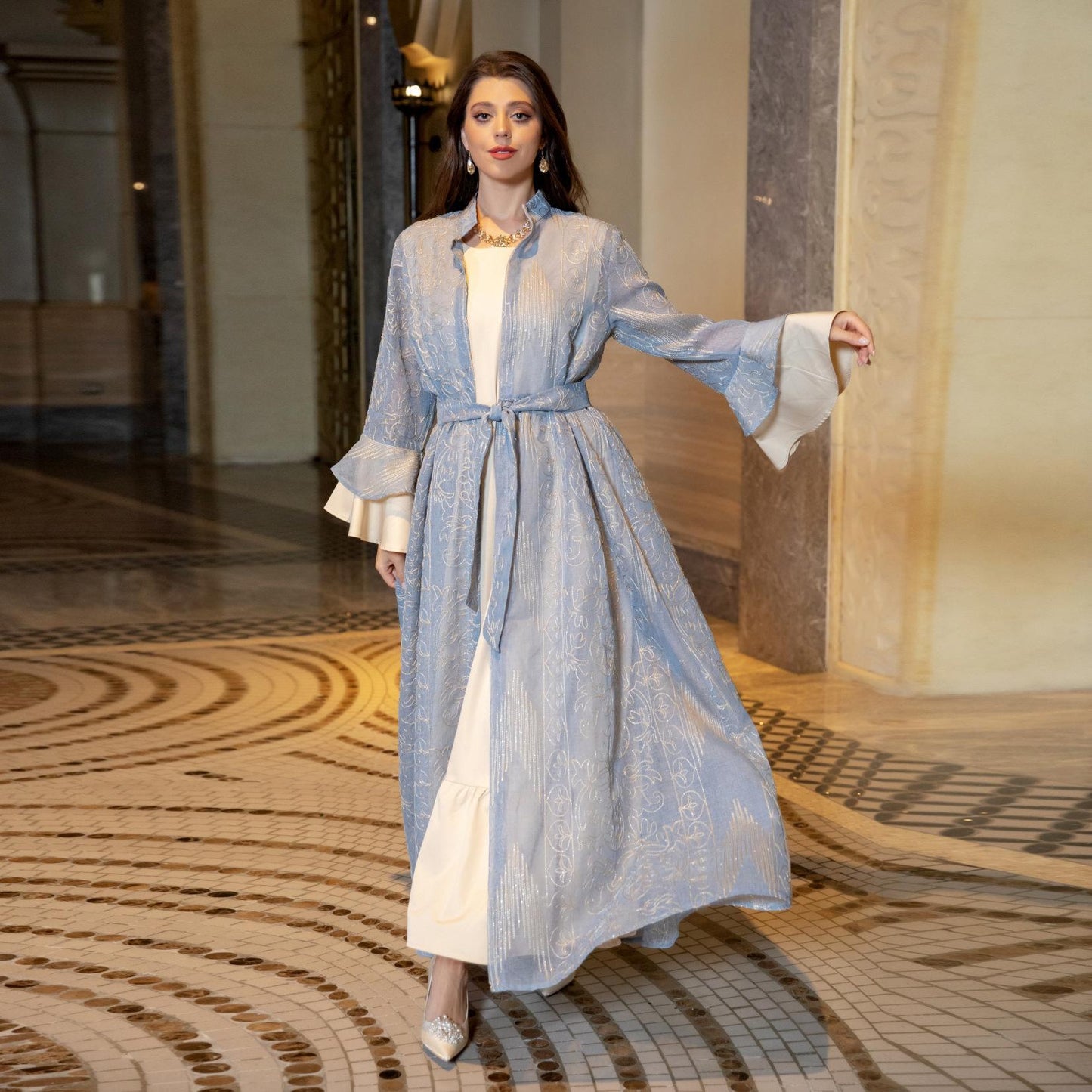 HS0445 2 pièces costume moyen-orient robe de soirée transfrontalière dame musulmane manches en feuille de lotus nouvelle robe abaya robe