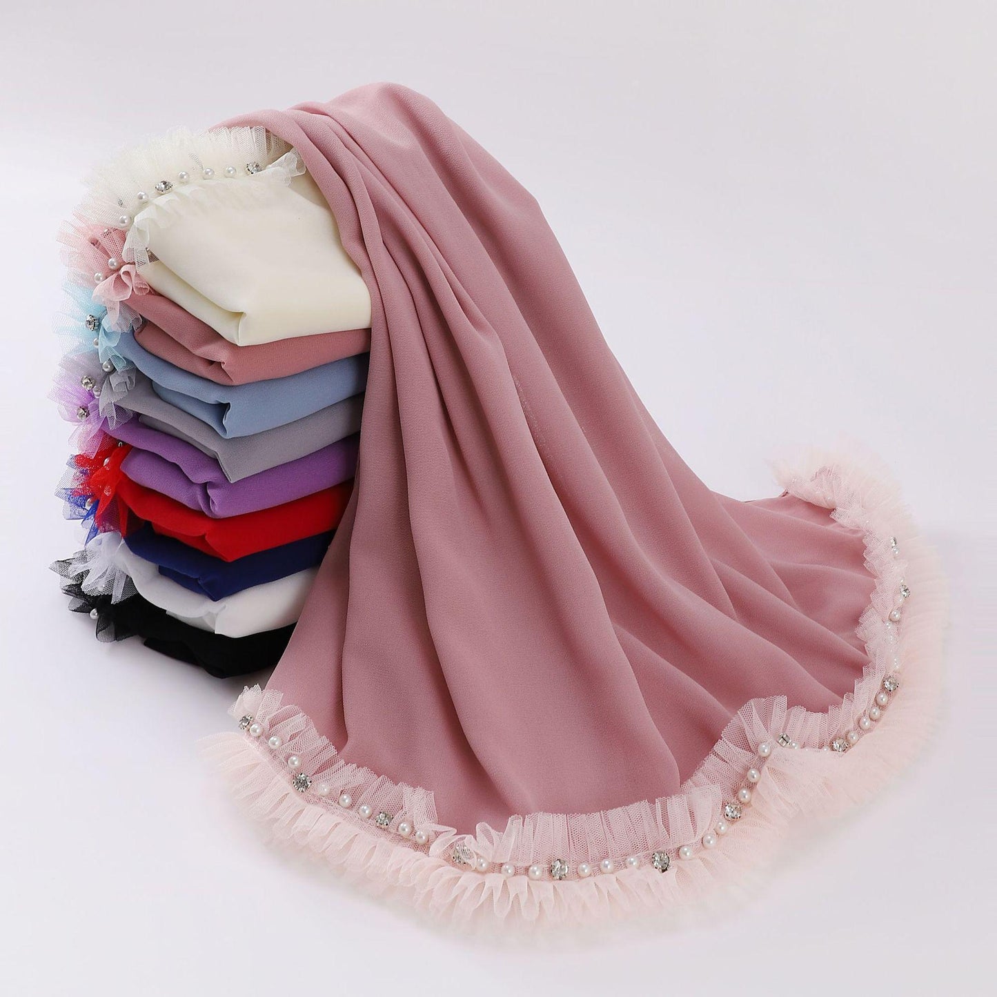 HASASERIES HS1118 Foulard en mousseline de soie et dentelle perlée