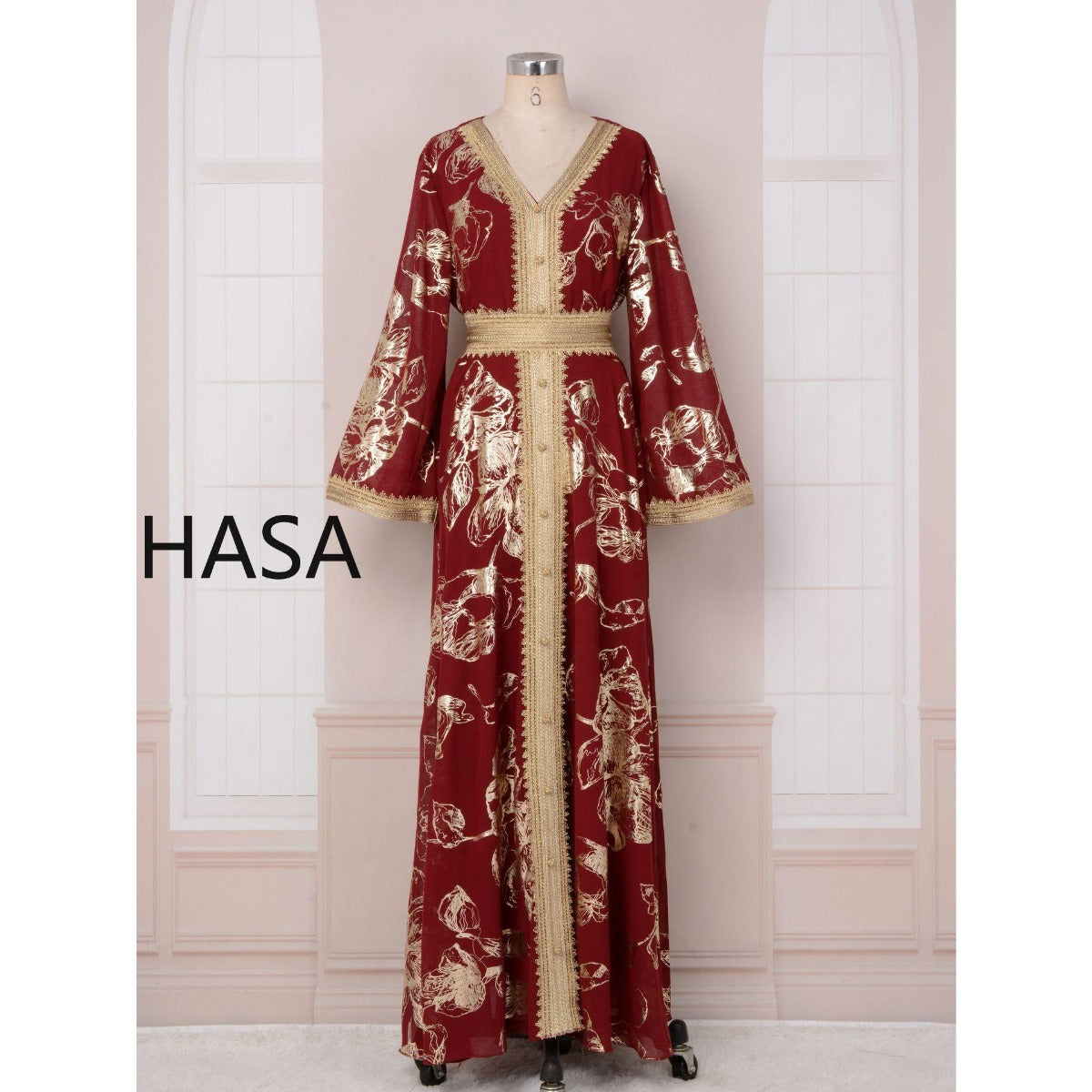 HS1249 Elegant Floral Abaya with Golden Detailing